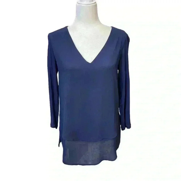 MICHAEL Michael Kors Women's V-Neck Mixed Media Top Navy Size XS - Picture 2 of 7